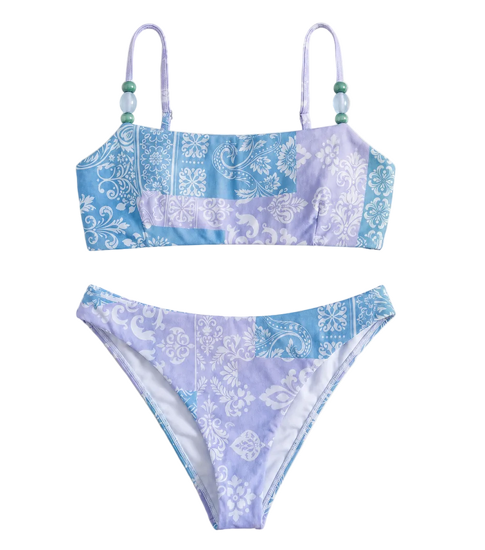 paisley Blue and white patterned bikini set on a light gray background