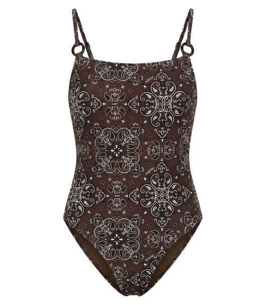 Brown bandana patterned swimsuit on a white background