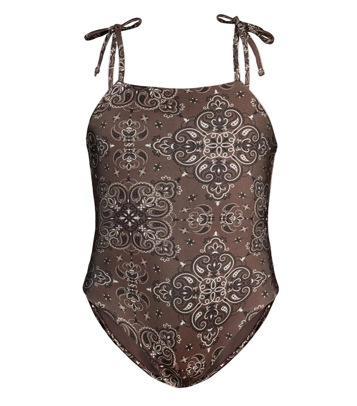brown bandana pre order patterned swimsuit on a white background