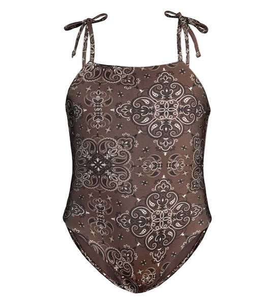 brown bandana pre order patterned swimsuit on a white background