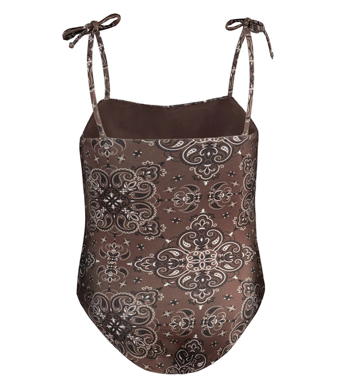 Brown bandana pre order patterned swimsuit with thin straps on a white background