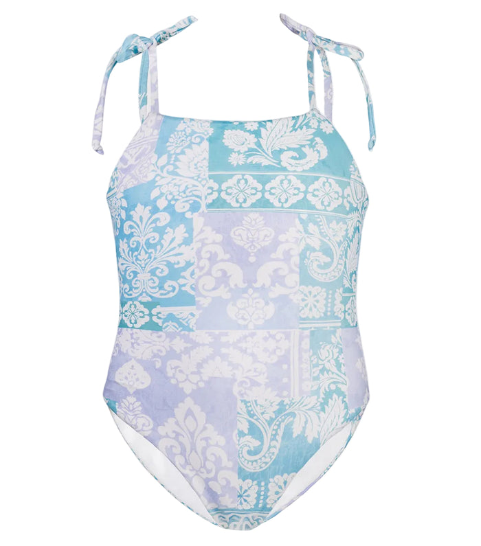 paisley One-piece swimsuit with blue and white floral pattern on a white background