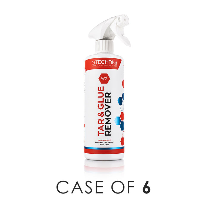 A spray bottle of Gtechniq W7 Tar and Glue Remover on a white background with the text 'Case of 6'.