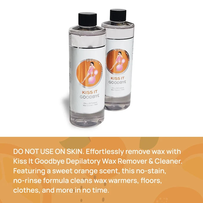 Do not use on skin. Effortlessly remove wax with Kiss It Goodbye Depilatory Wax Remover & Cleaner. Featuring a sweet orange scent, this no-stain, no-rinse formula cleans wax warmers, floors, clothes, and more in no time.