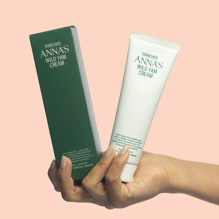 Hand holding a tube and box of ANNA'S Wild Yam Cream against a pink background.