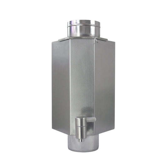 Winnerwell® L - sized Pipe Water Tank showcasing its hexagonal, stainless - steel structure with a spout, designed to attach to stove pipes for heating water using stove heat in outdoor settings.