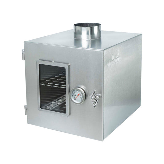 Winnerwell® Pipe Oven 3.5'' in stainless - steel, showcasing its box shape with a viewing window, temperature gauge, and internal rack, designed for outdoor cooking by utilizing stove pipe heat.