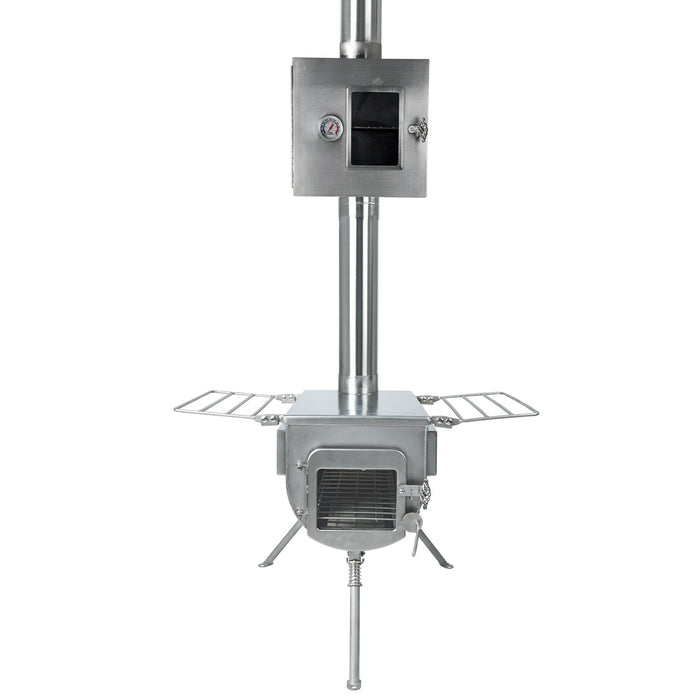 Front view of Winnerwell® Pipe Oven 3.5'' mounted on a stove chimney, highlighting its role in secondary heat utilization for cooking.