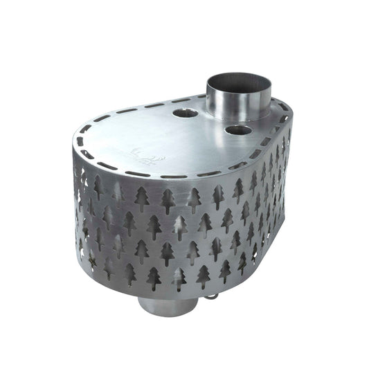 3D view of Winnerwell® Secondary Combustion Burner 3.5", showcasing its cylindrical shape with tree - cutout patterns and chimney ports, designed to enhance combustion efficiency for compatible stoves.