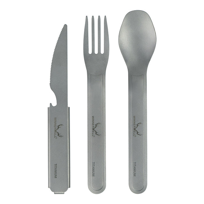 Winnerwell® titanium cutlery set showing separate knife, fork, and spoon, all in a sleek, metallic gray color, designed for outdoor use.（