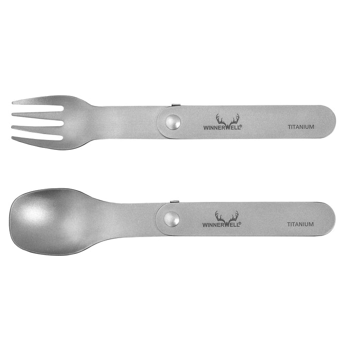 Unfolded Winnerwell® titanium folding fork and spoon displayed separately, illustrating the individual pieces of the compact cutlery set.（