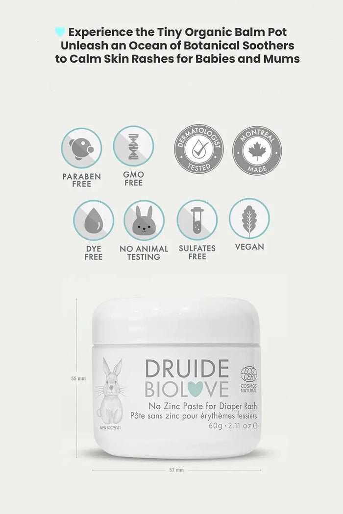 Druide Biolove organic baby balm tub showing its dimensions of 55 mm height and 57 mm width, placed next to certification icons of ecocert certified cosmos organic, dermatologist tested, montreal, Canada made, paraben free, sulfates free, gmo free, dye free, no animal testing, and vegan.