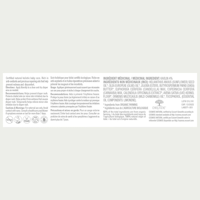 Druide Biolove Organic Baby Balm packaging label with product benefits, ingredients, certifications, and canadian origin.
